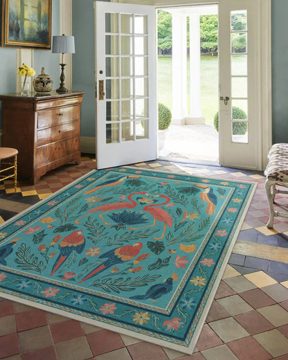 Birds Of A Feather Aqua Rug by Iris Apfel