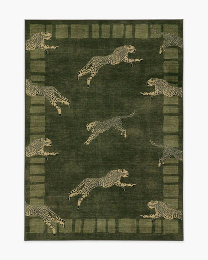 Leaping Cheetah Olive Green Rug by Scalamandré