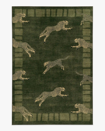 Leaping Cheetah Olive Green Rug by Scalamandré