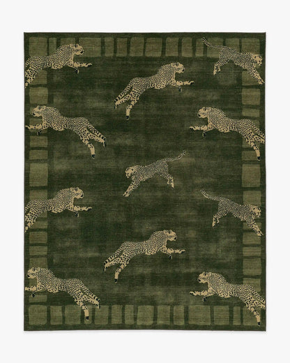 Leaping Cheetah Olive Green Rug by Scalamandré