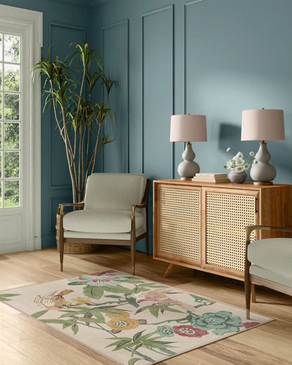 Bamboo & Bird Blush & Jade Rug by Sanderson