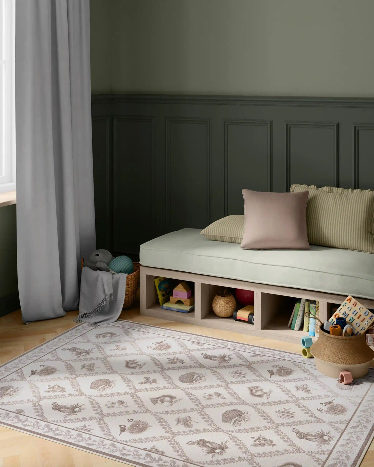 Squirrel & Hedgehog Fawn Rug by Sanderson